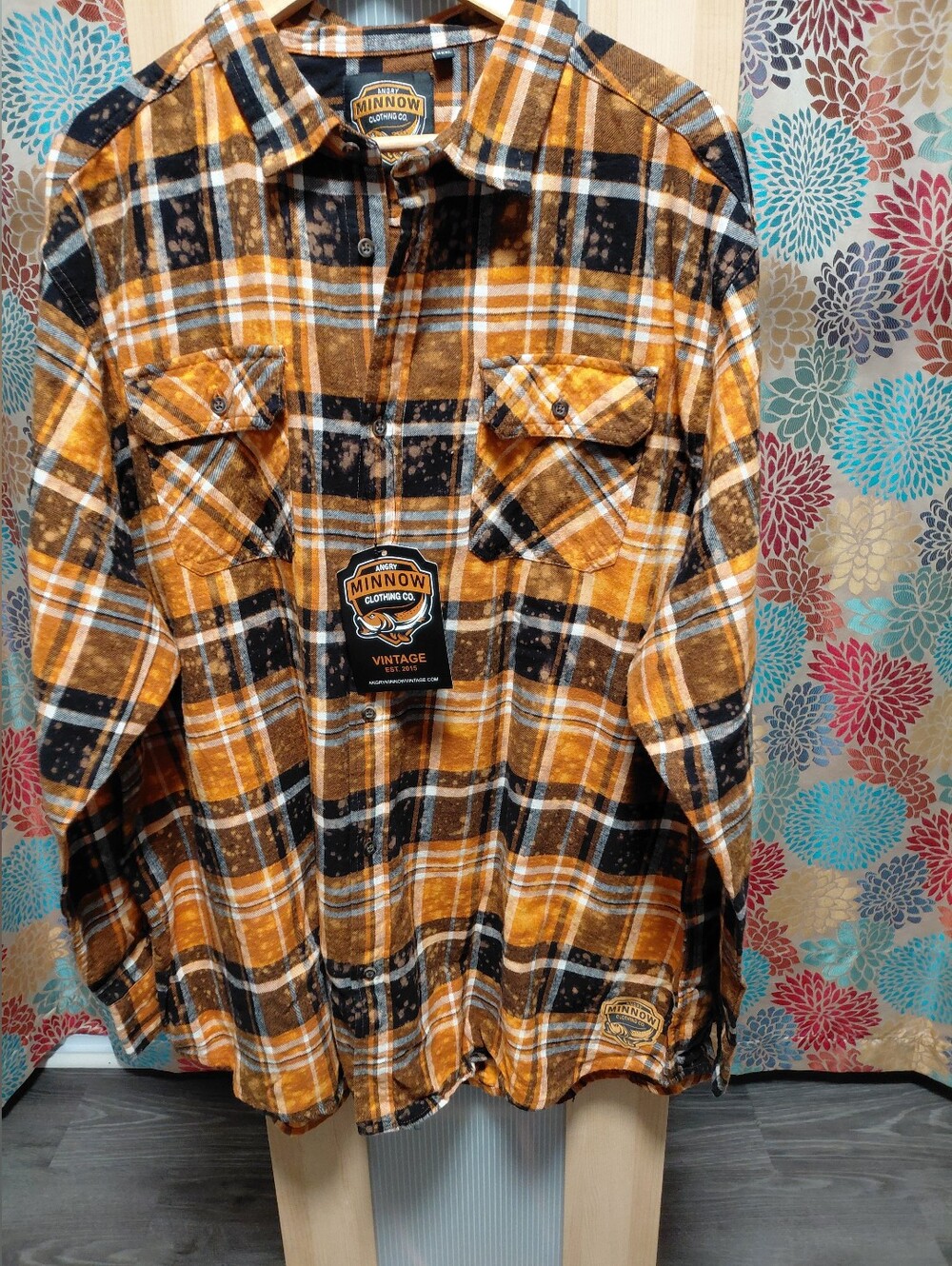 Angry Minnow Vintage Orange Plaid Flannel Button-Down Shirt Oh For Fox Sake